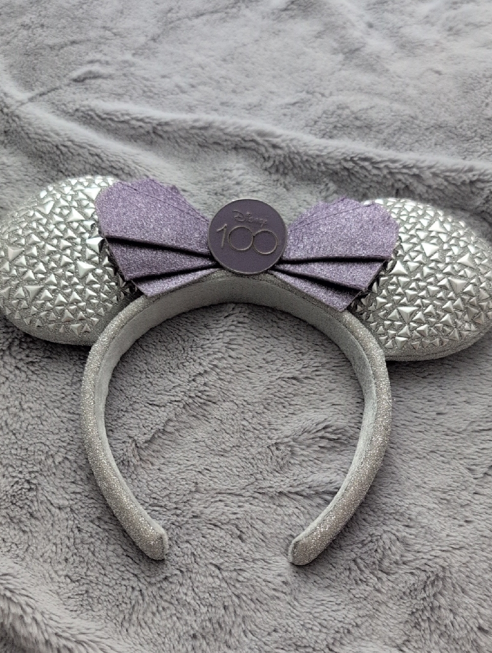 Disney Silver Glitter Minnie Ears Headband with Purple Bow - LE 100 Anniversary